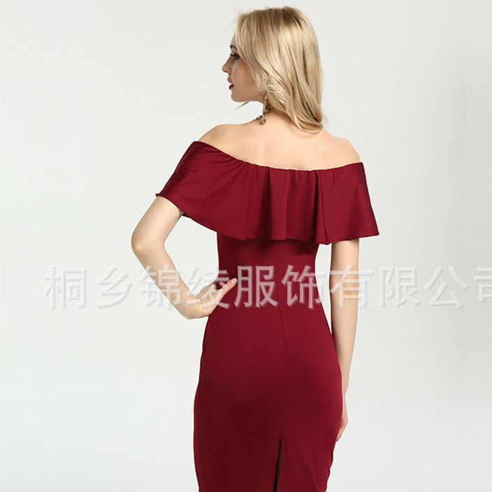 跨境女裝速賣通包臀性感修身Wish中長款一字領荷葉邊夜店連衣裙示例圖11