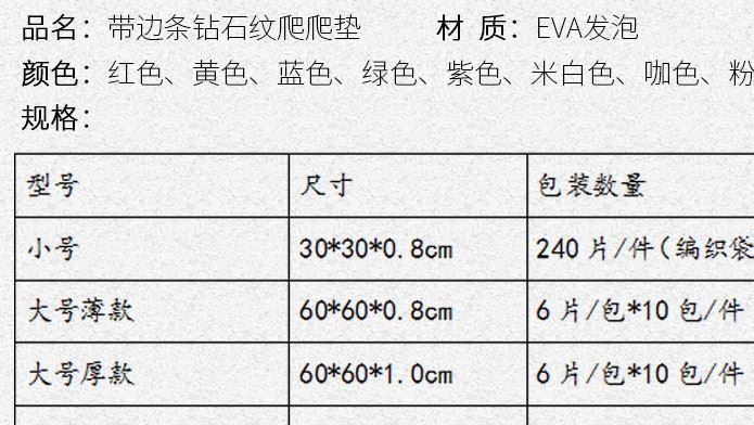 廠家直銷(xiāo) 多規(guī)格鉆石紋拼裝爬爬墊 廠家供應(yīng)EVA泡沫拼接地墊示例圖4