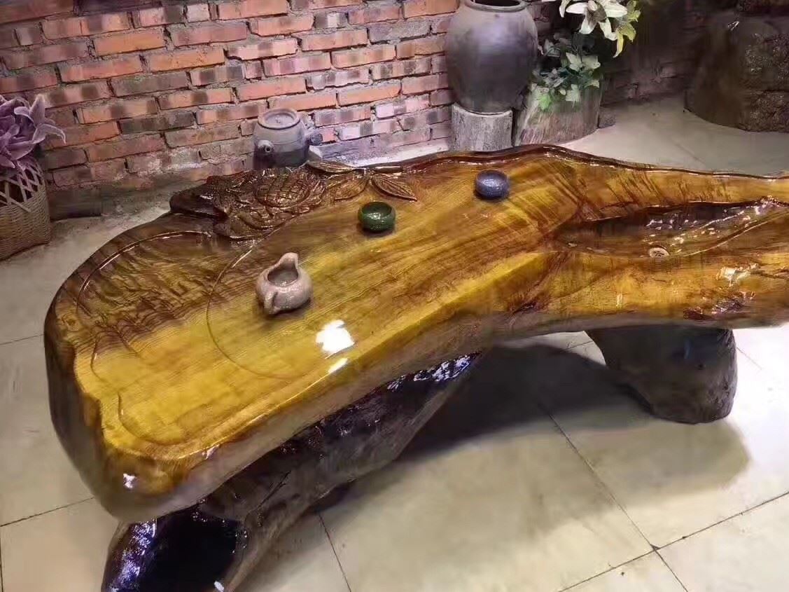 金絲楠木根雕茶桌 古樸色澤典雅大氣 雕刻花開富貴示例圖1