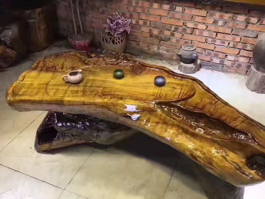 金絲楠木根雕茶桌 古樸色澤典雅大氣 雕刻花開富貴示例圖3