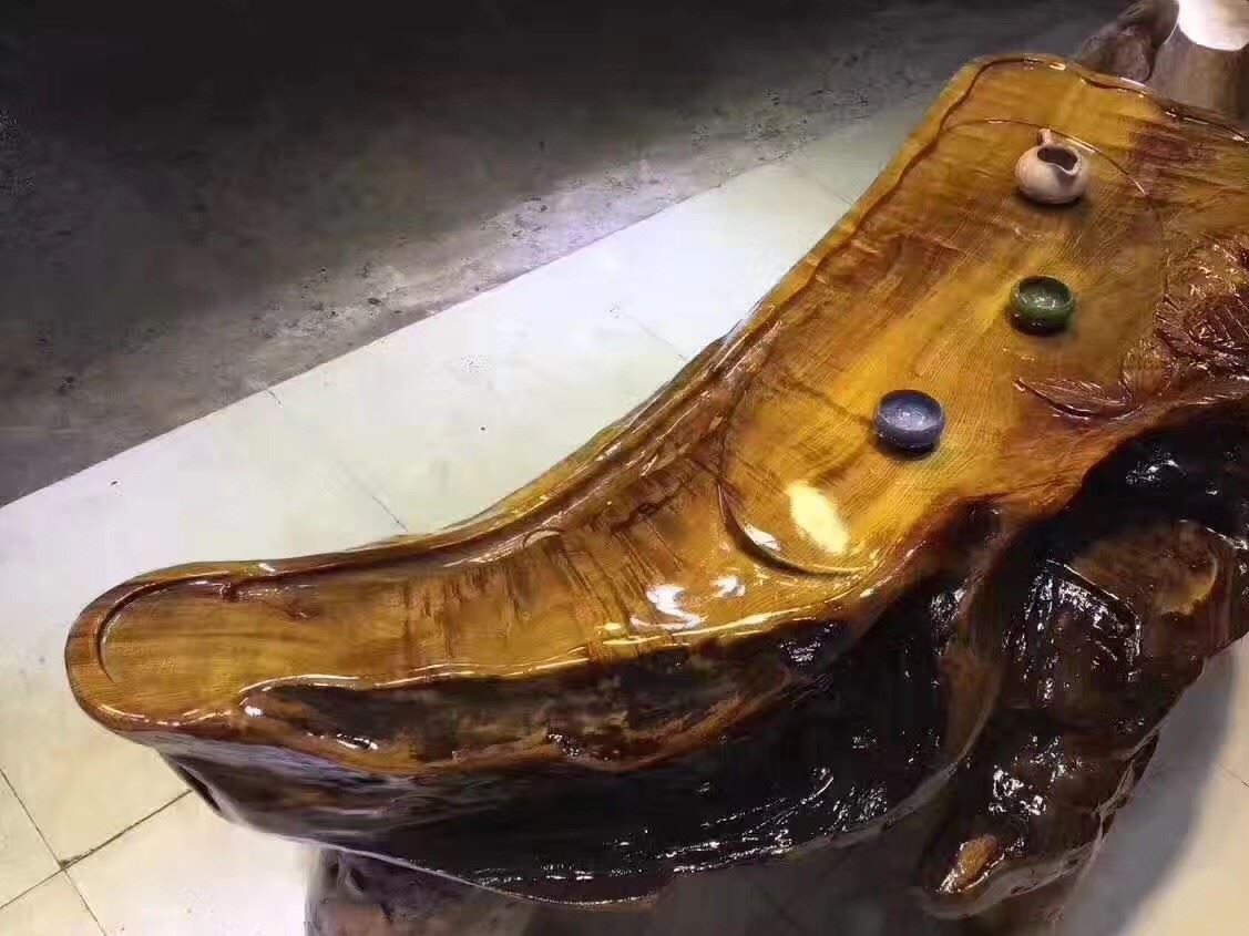 金絲楠木根雕茶桌 古樸色澤典雅大氣 雕刻花開富貴示例圖4