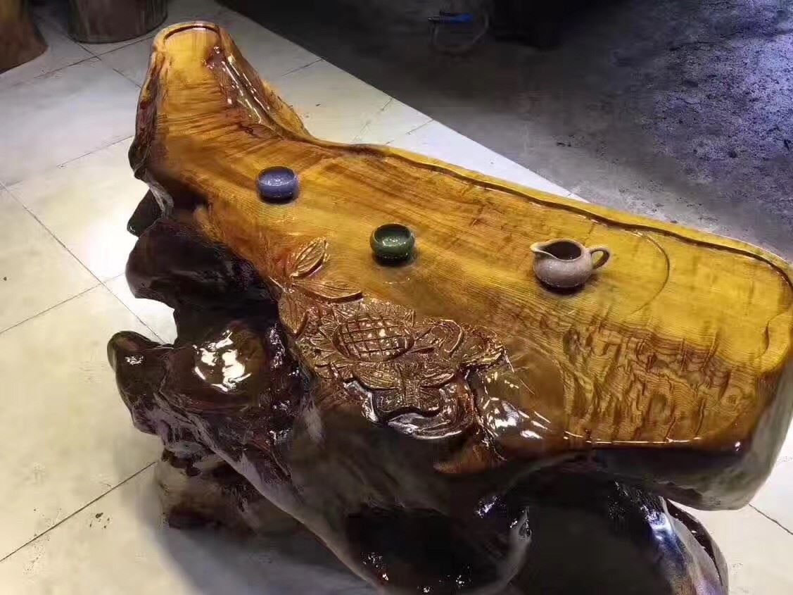 金絲楠木根雕茶桌 古樸色澤典雅大氣 雕刻花開富貴示例圖5