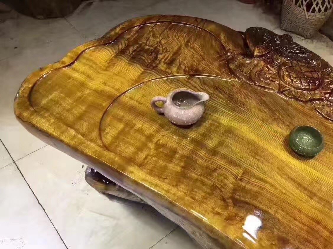 金絲楠木根雕茶桌 古樸色澤典雅大氣 雕刻花開富貴示例圖6