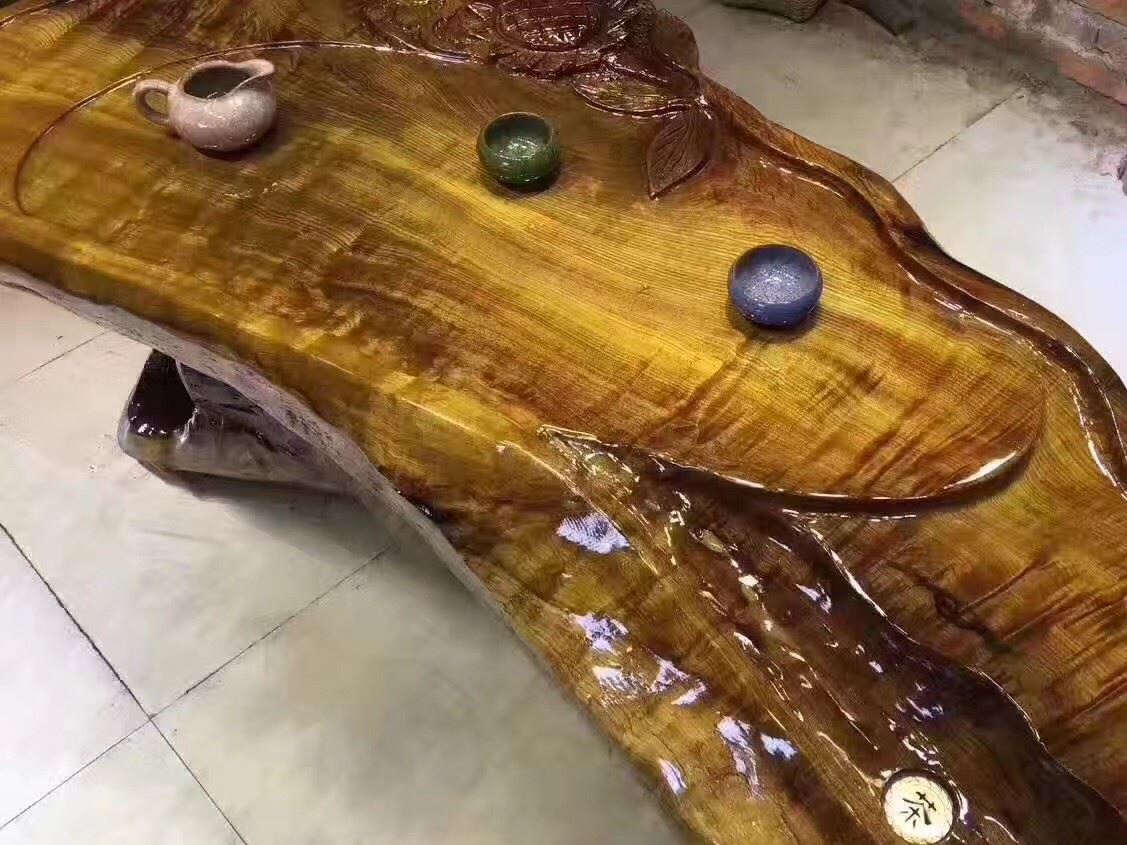 金絲楠木根雕茶桌 古樸色澤典雅大氣 雕刻花開富貴示例圖7