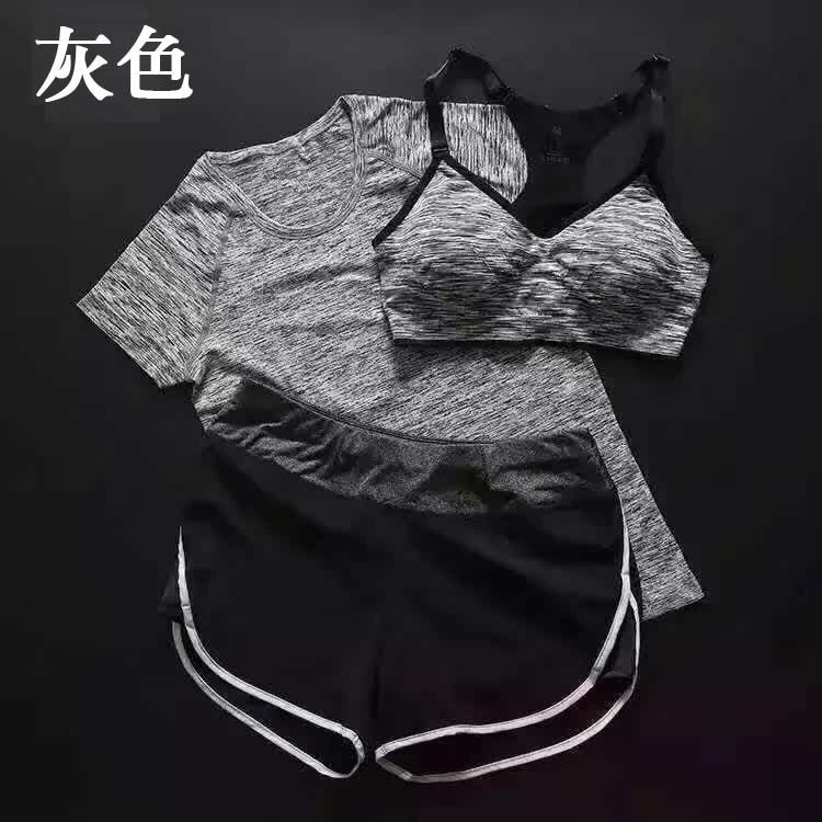 健身瑜伽服套裝女運(yùn)動服健身房短袖短褲三件套裝顯瘦瑜伽服套裝示例圖3