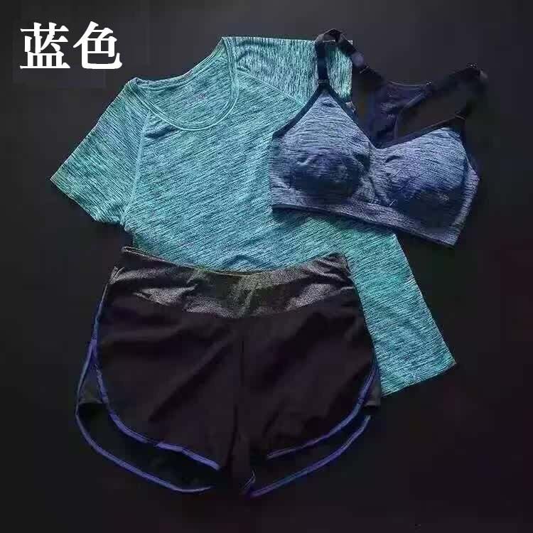 健身瑜伽服套裝女運(yùn)動服健身房短袖短褲三件套裝顯瘦瑜伽服套裝示例圖4