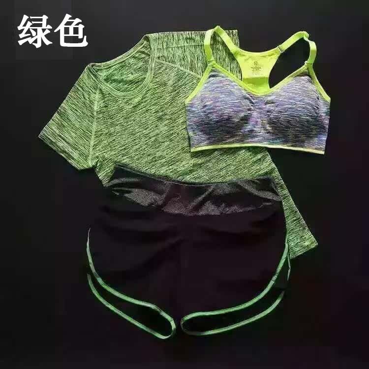 健身瑜伽服套裝女運(yùn)動服健身房短袖短褲三件套裝顯瘦瑜伽服套裝示例圖5