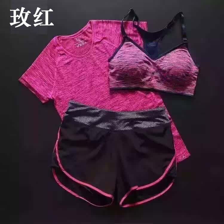 健身瑜伽服套裝女運(yùn)動服健身房短袖短褲三件套裝顯瘦瑜伽服套裝示例圖7