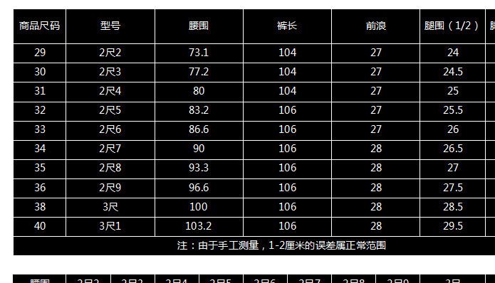 休閑褲尺碼表