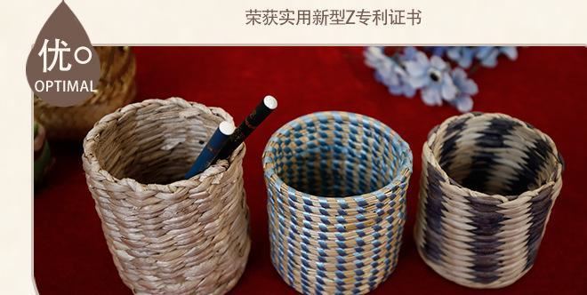 民間工藝品烏拉草蒲草編織 透氣防腐防霉原色環(huán)保手工草編筆筒示例圖5