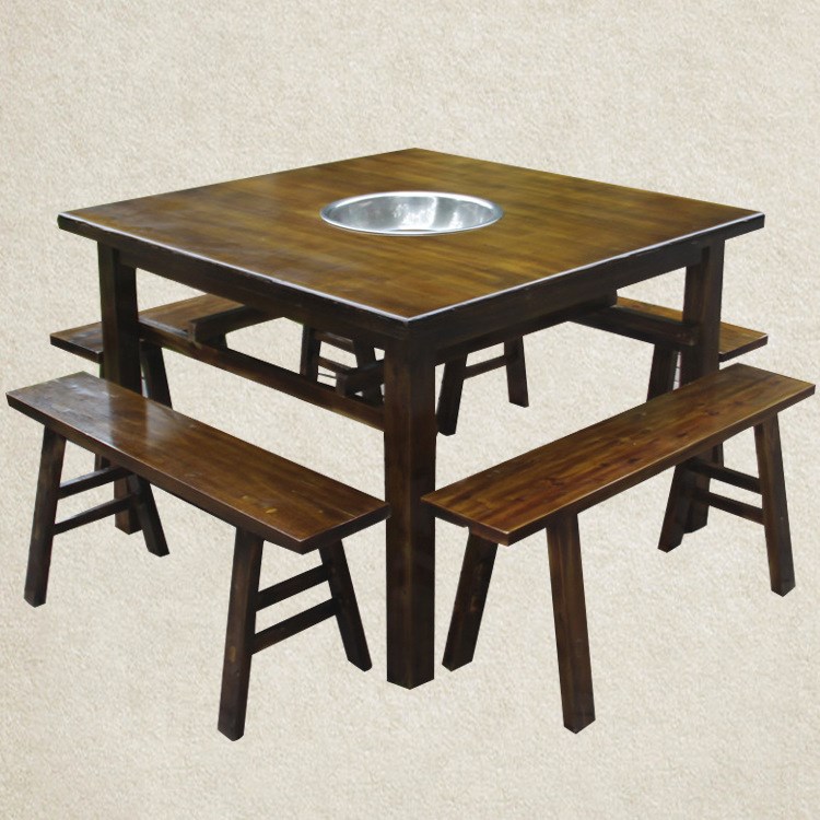 火锅店餐桌方形火锅桌 煤气灶电磁炉实木方火锅桌椅组合