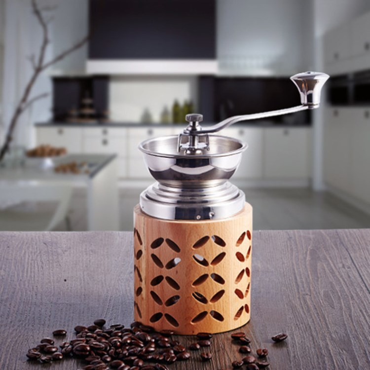 雕花木制手动咖啡研磨器 家用不锈钢手摇磨豆机胡椒粉碎机定制