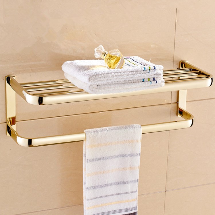 金色毛巾架 全铜五金挂件置物架简约欧式金色双层浴巾架单杆双杆