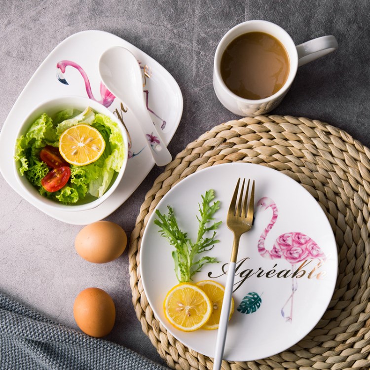 西式北欧陶瓷早餐盘 花卉长方形骨瓷盘 马克杯ins风格早餐餐具