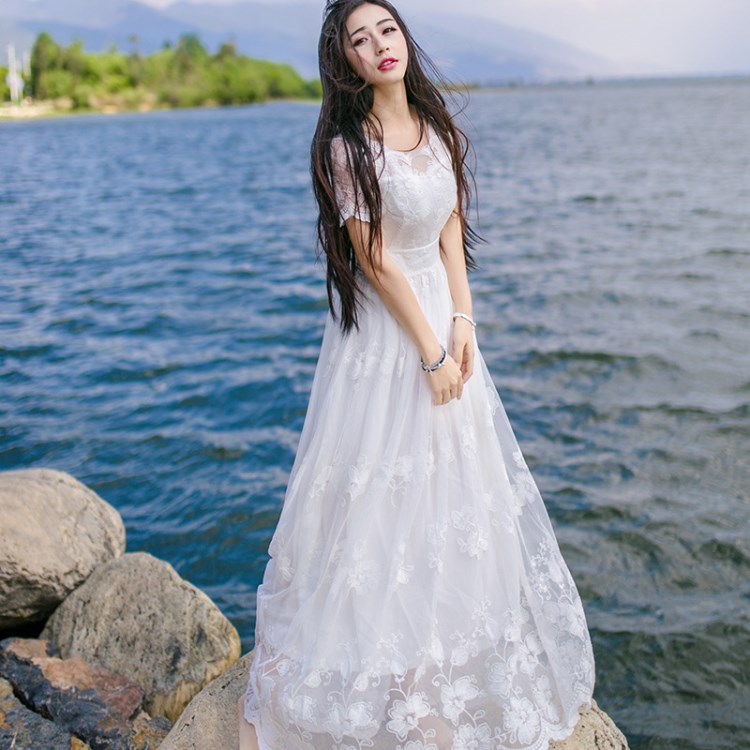 2018夏季高档女装重工刺绣唯美镂空白色蕾丝连衣裙大摆长裙仙女裙
