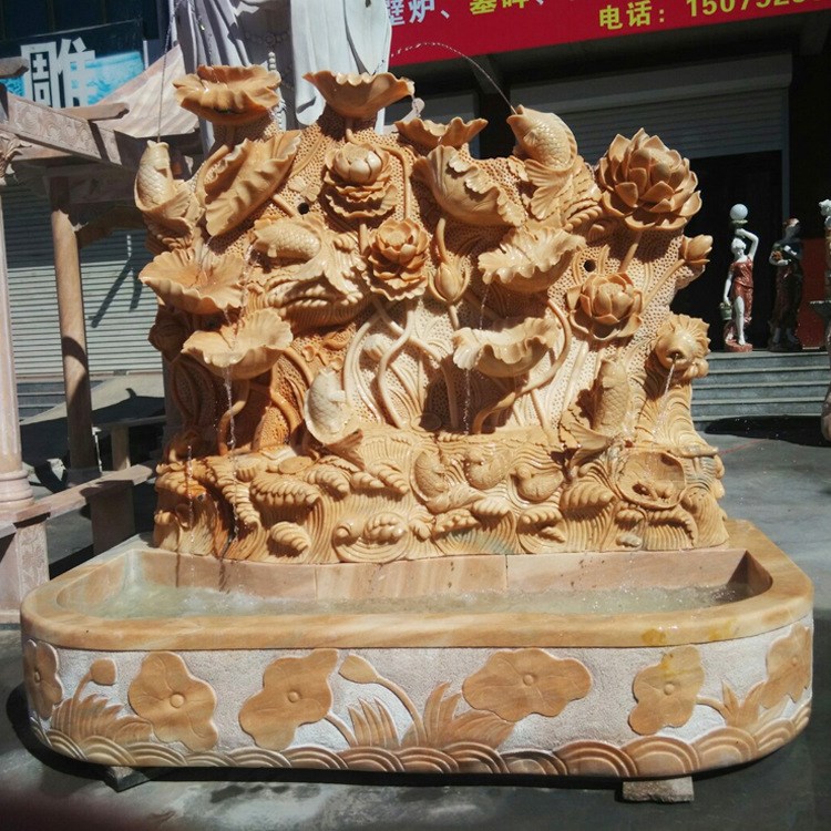 石雕水景水池水系影背墙石雕喷泉老石槽荷花金鱼流水雕刻雕塑摆件