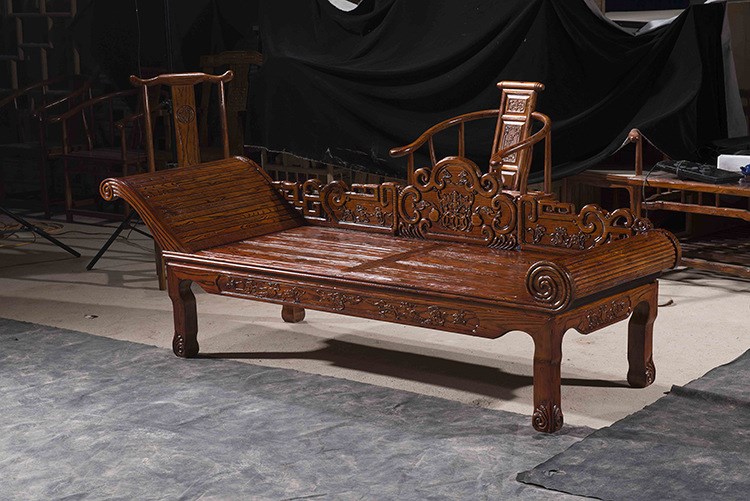 【实木家具】古典韵味实木家具 仿古雕花纹贵妃实木床 中式贵妃床批发