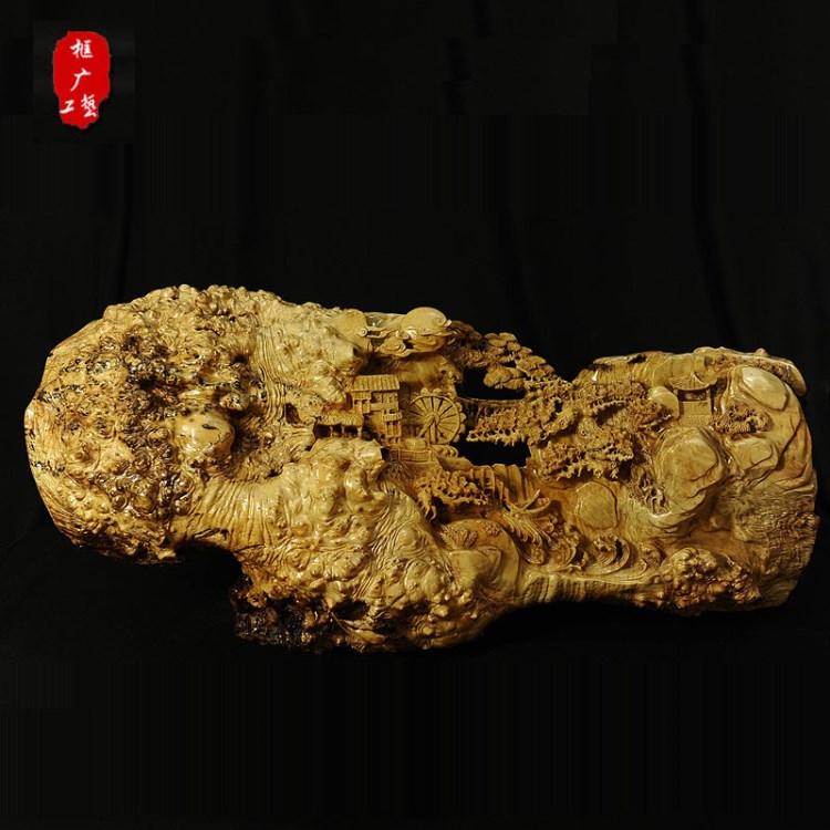 黄金樟木雕刻小桥流水人家摆件满榴沉雕艺术工艺品精品根雕现货