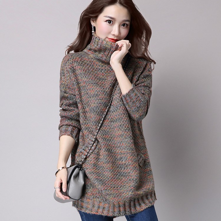 毛衣批发 韩版女装中长款宽松套头针织衫圆弧下摆毛衣女上衣9858