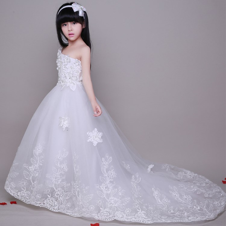 新款单肩长拖尾儿童礼服 女童花仙子白色表演婚纱礼服裙中大童夏