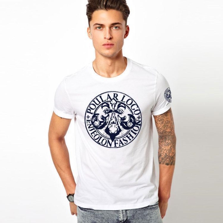 夏季新款欧美时尚青春创意圆领短袖t恤衫男装修身半袖图案印花