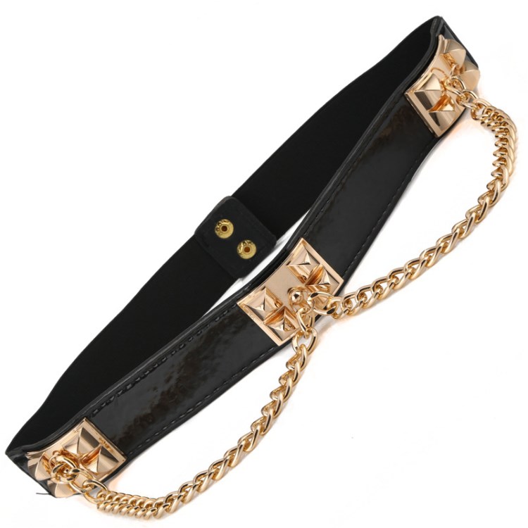 时尚简约女式松紧腰带亮皮链条装饰 百搭款弹性腰饰皮带