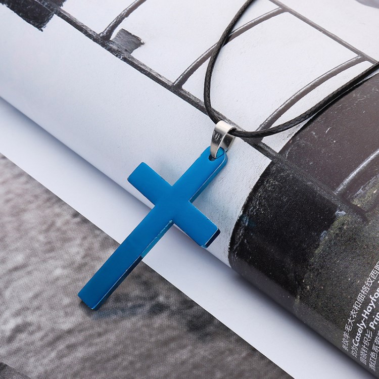 韩版基督教钛钢单大光面十字架项链男士饰品吊坠项坠配链条不锈钢