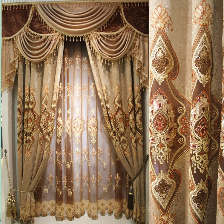 【窗帘客厅遮光布加纱】欧式雪尼尔镂空绣花窗帘布 客厅卧室窗纱成品