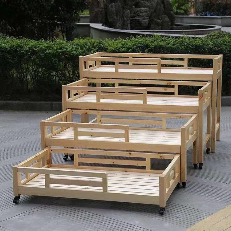 幼儿实木樟子松抽屉床儿童原木三层推拉床