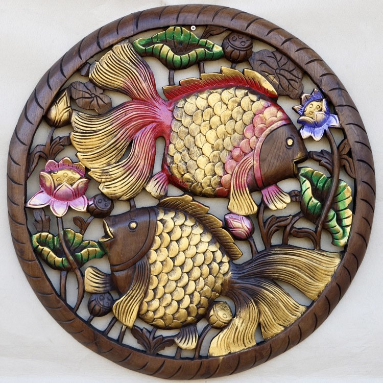 泰国进口木雕挂件东南亚家居玄关饰品镂空雕花吉祥双鱼壁挂工艺品