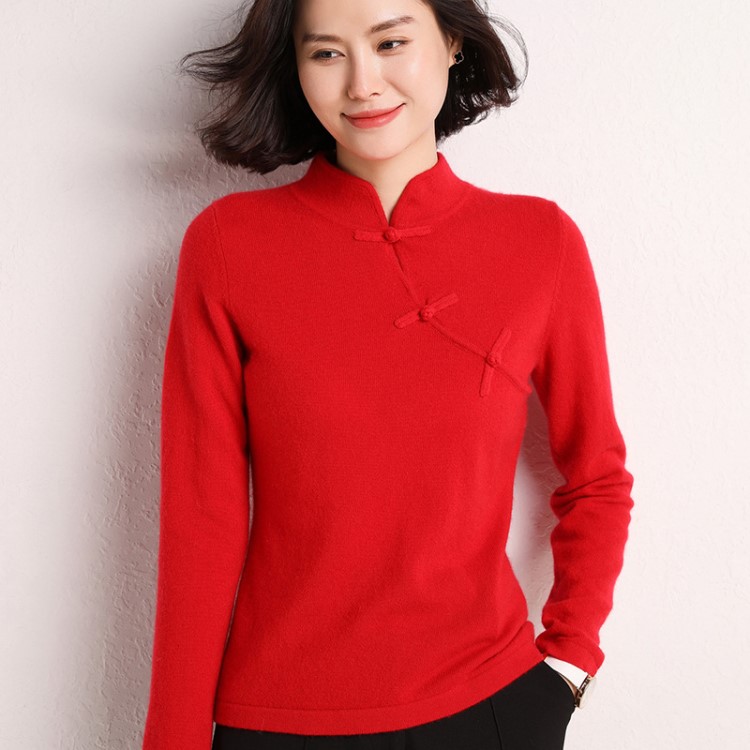 【大红色半高领羊绒衫女】中国风盘扣羊绒衫女复古气