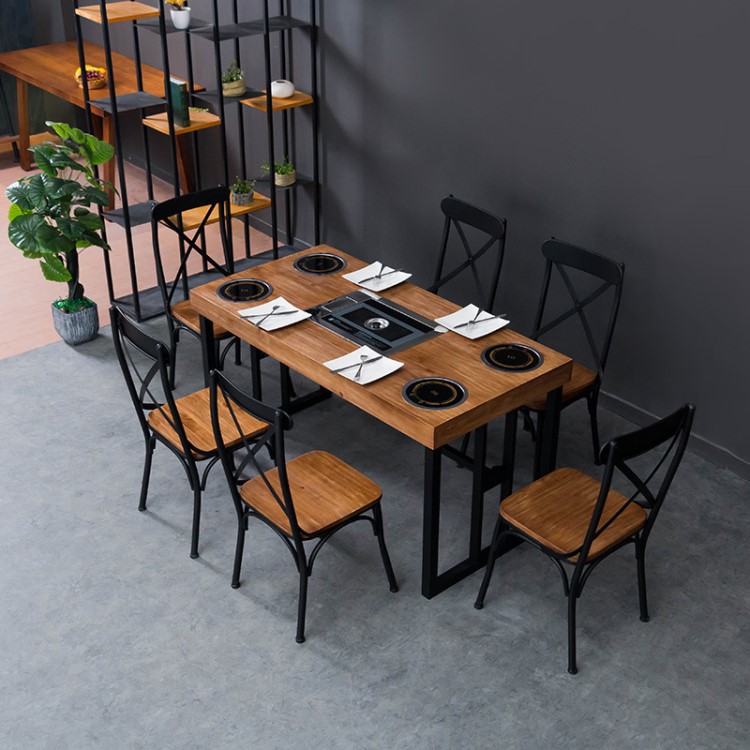 【串串香桌子】铁艺实木餐桌火锅桌椅组合厂家直销串串香电磁炉火锅