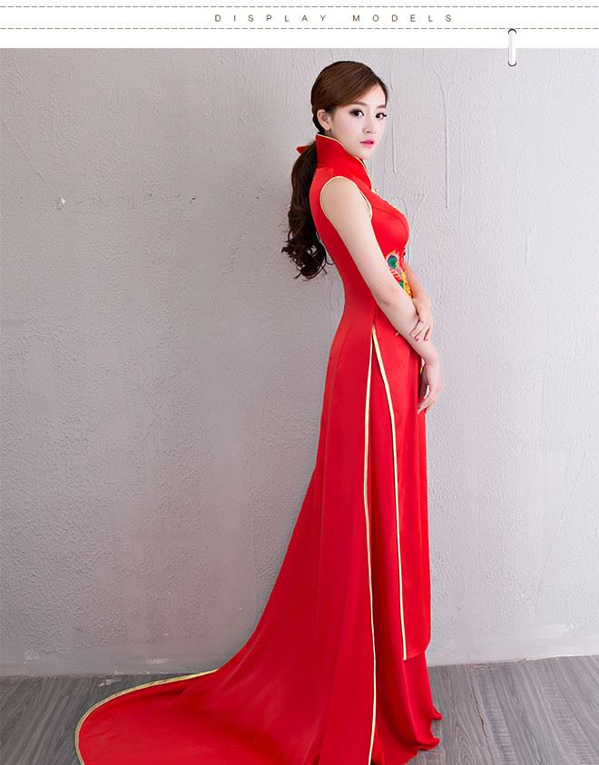 新款时尚红色无袖旗袍拉链圆襟立领宴会礼服修身拖尾开叉敬酒服女