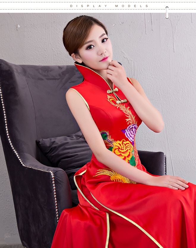 新款时尚红色无袖旗袍拉链圆襟立领宴会礼服修身拖尾开叉敬酒服女