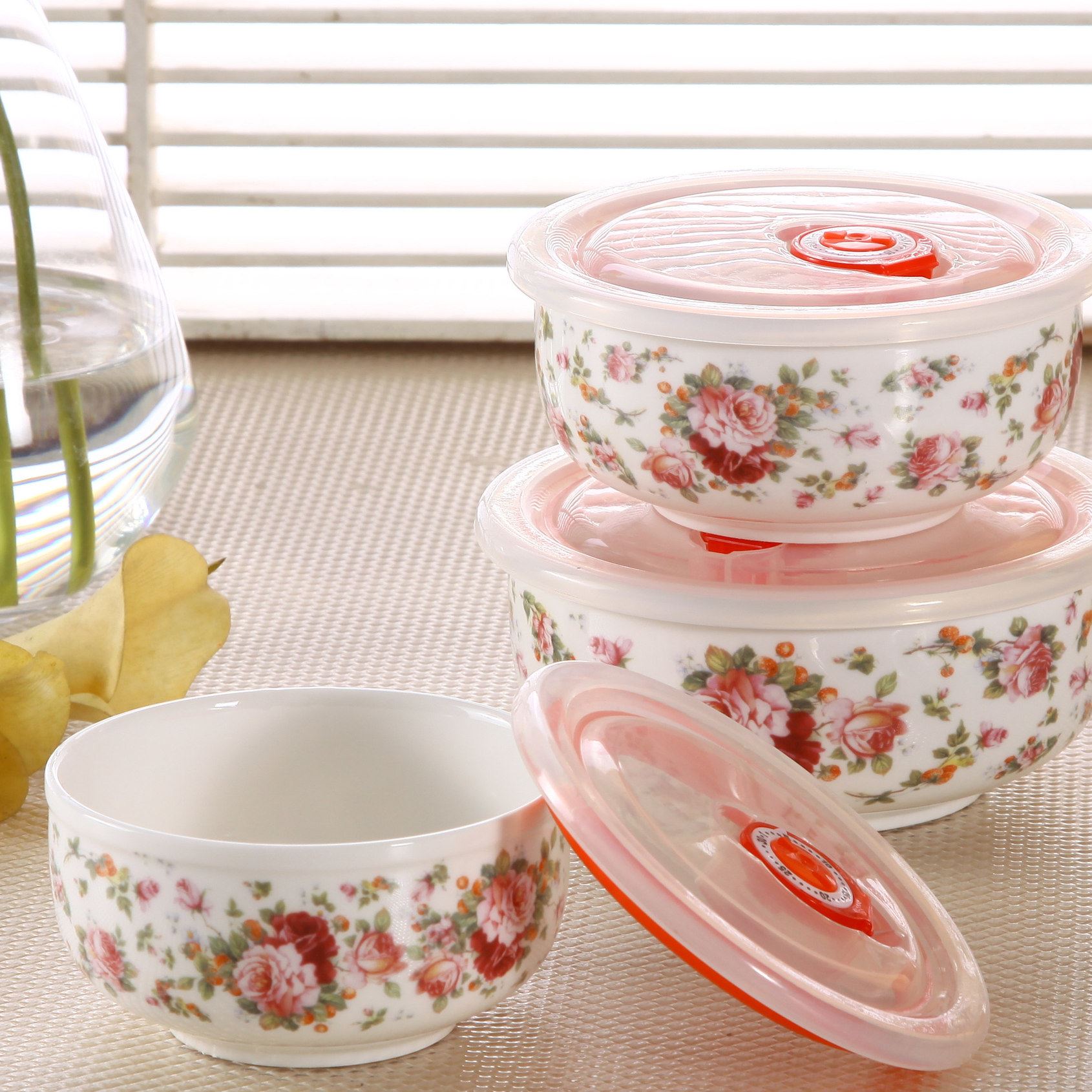 【】真空密封陶瓷直型保鲜碗三件套 微波炉保温保鲜盒 套装 厂家直销